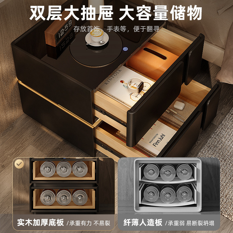 Mesita de noche negra 2025 estilo explosivo, lujo ligero, sentido de alta gama, sentido de diseño de dormitorio en casa, madera maciza de nicho con luz inteligente