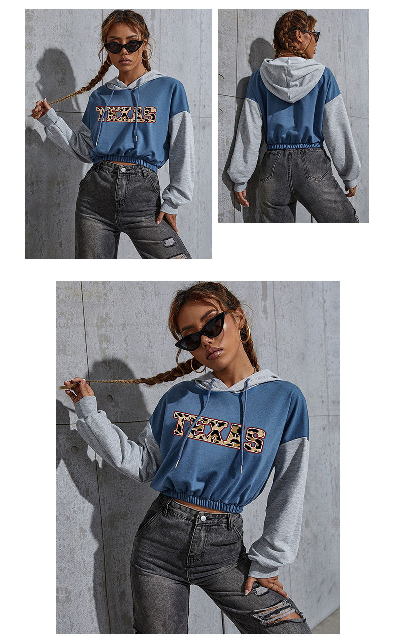 Felpa con cappuccio corta stampata autunno 2024, casual, corta, patchwork, per donna_voghion.com