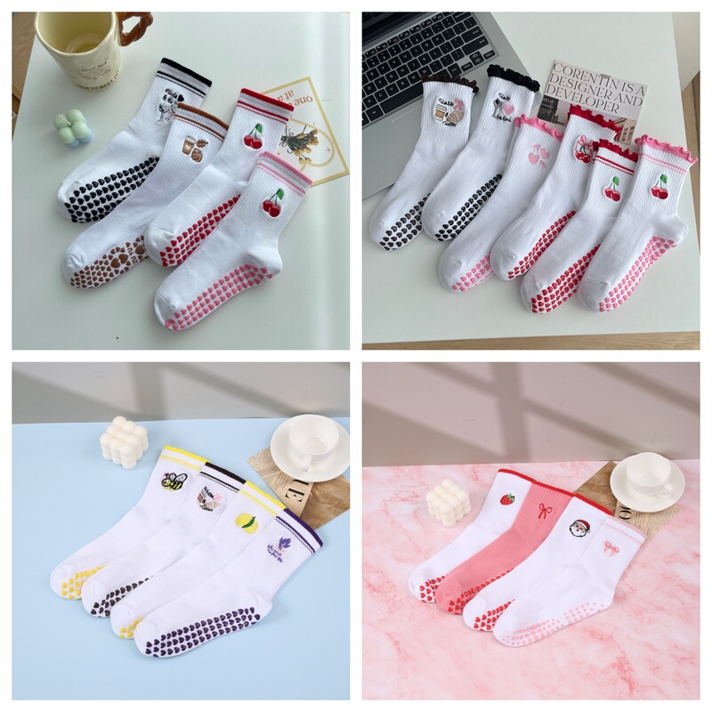 Yoga Socks for Women, Mid-Calf Length, Professional Fitness Pilates Non-Slip Long Socks with Shark Embroidery Cotton Socks