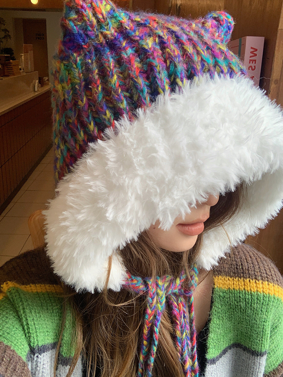 Cute Ears, Big Headband, Colorful Thick Wool Knitted Hat, Women's Autumn and Winter Warmth, Show Face, Small Plush_voghion.com