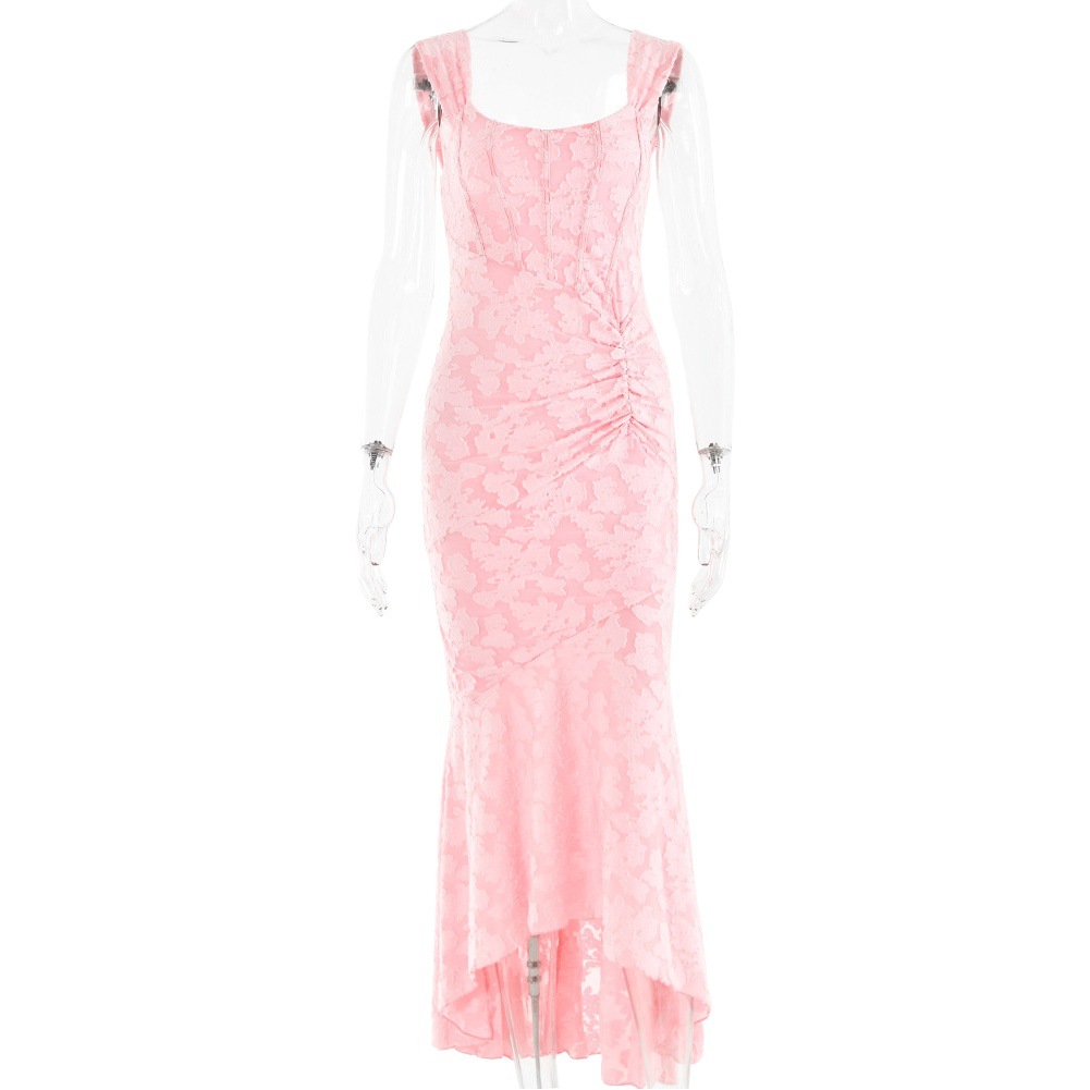 Venta caliente transfronteriza de comercio exterior de las mujeres de la moda de color sólido de encaje sexy cuello irregular vestido de noche de cola de pez vestido