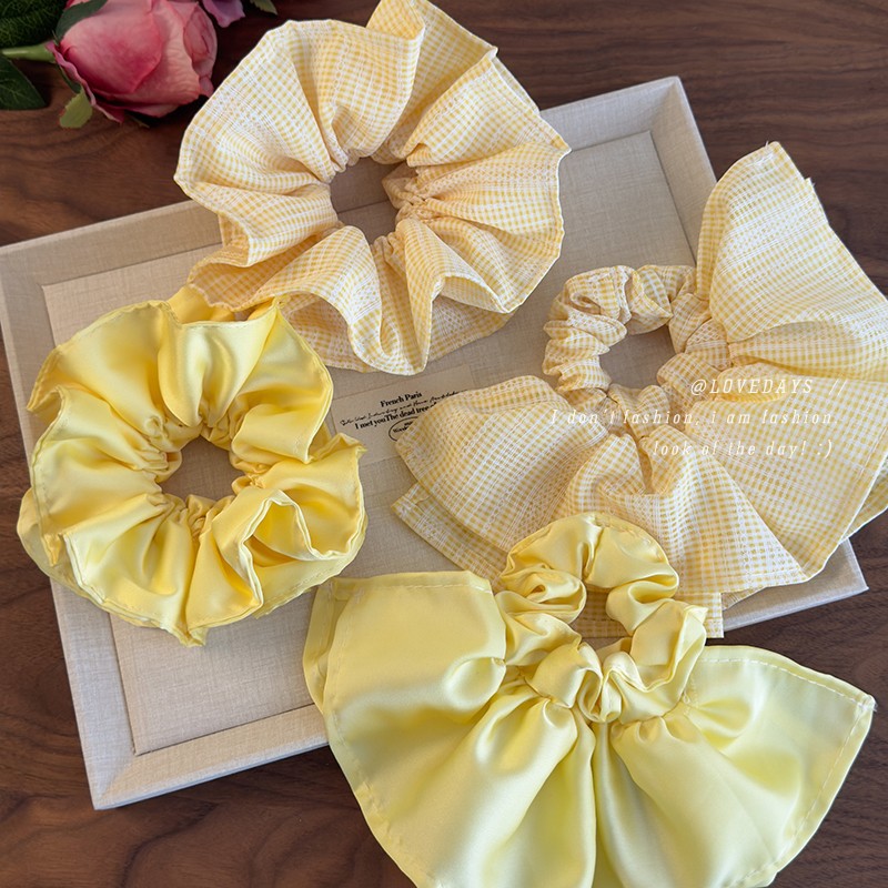 Korean milky yellow plaid skirt pleated large intestine hair tie…