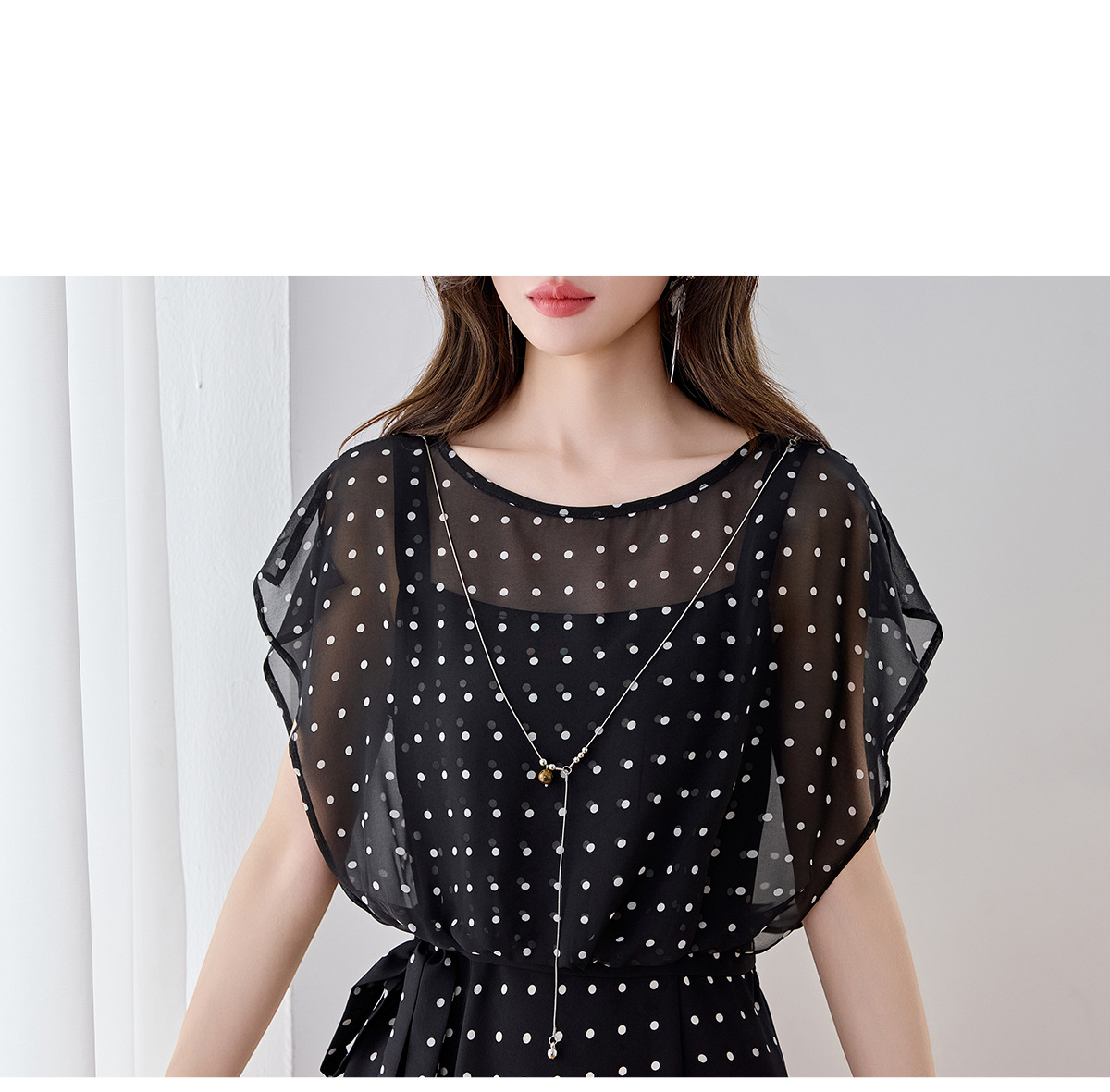 Đầm maxi nữ thắt eo thiết kế tân cổ điển cao cấp — màu đen, Chấm tròn chi tiết 22