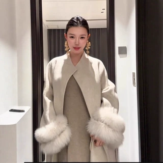 韩系气质系带狐狸毛袖名媛风双面羊毛大衣长款加厚保暖毛呢外套女
