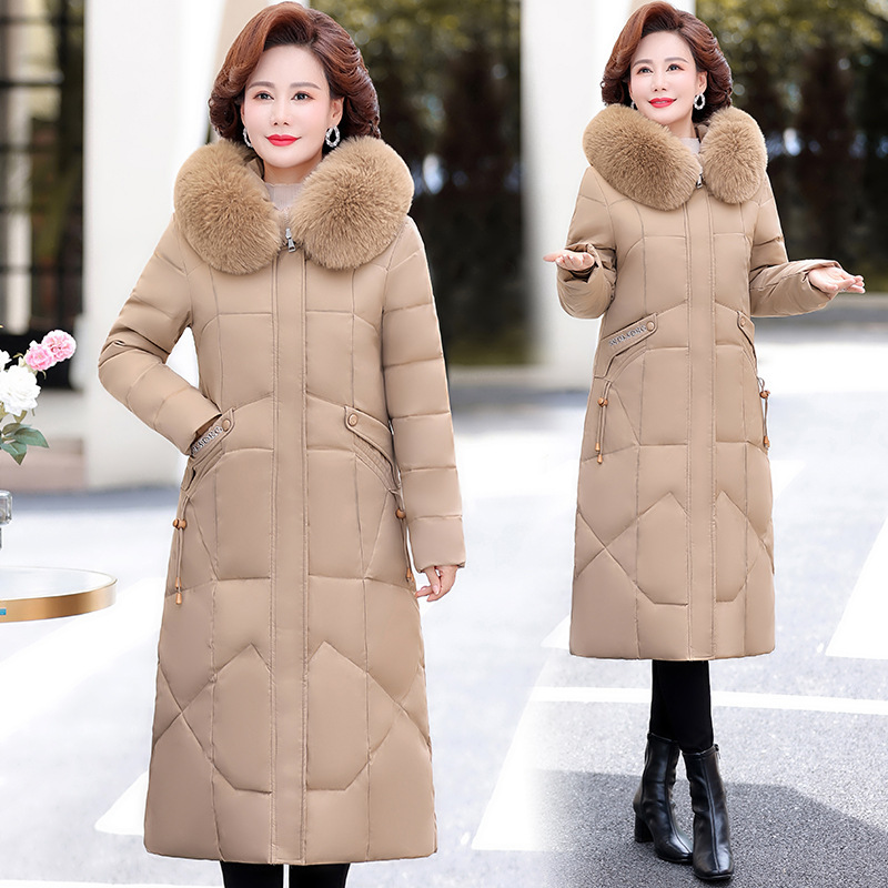 2025 New Long down Jacket for Women, Thickened with Large Fur Collar, High-End, Slim Fit, Knee-Length, White Duck Down, Cold-Resistant Coat for Middle-Aged Women