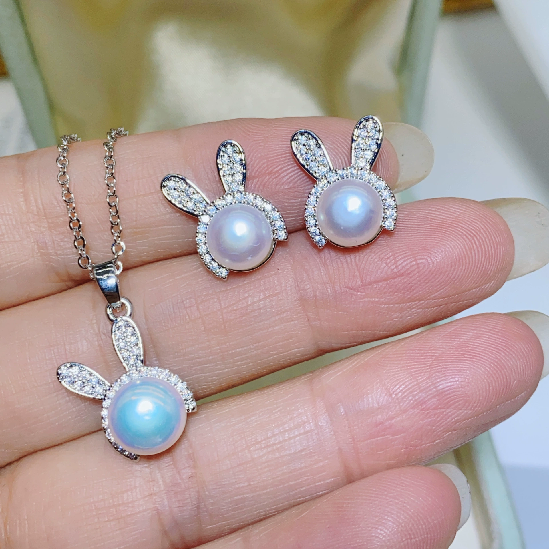 S925 Серебряная игла позолоченный милый кролик серьги-гвоздь ожерелье набор модных корейских натуральных пресноводных жемчужных серьги ожерелье