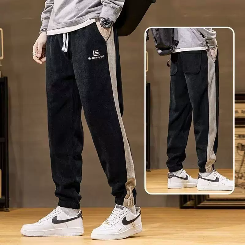 男士秋冬款灯芯绒加绒加厚保暖长裤男简约宽松运动休闲束脚卫裤