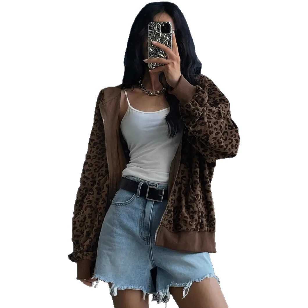 Women's Retro Leopard Print Hooded Cardigan - Oversized Streetwear Zip-Up Jacket With Long Sleeves, Casual Loose Fit, Polyester-Spandex Blend_voghion.com
