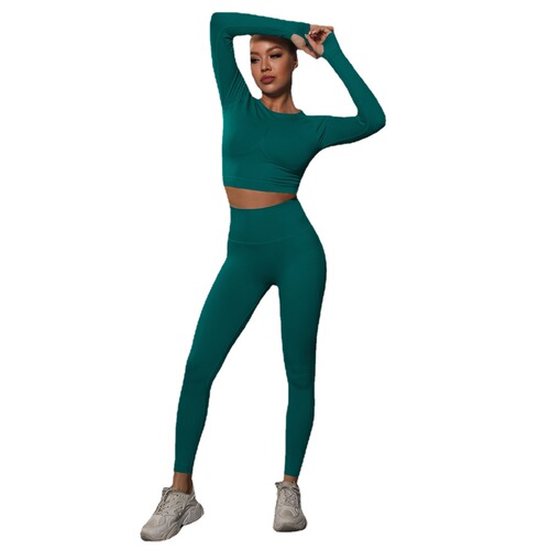 New solid color knitted peach butt tight butt-revealing yoga pants set seamless fitness sports running yoga clothes for women