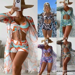 2023歐美外貿游泳衣女分體三件套高腰長袖ins罩衫網紅跨境抽繩裝