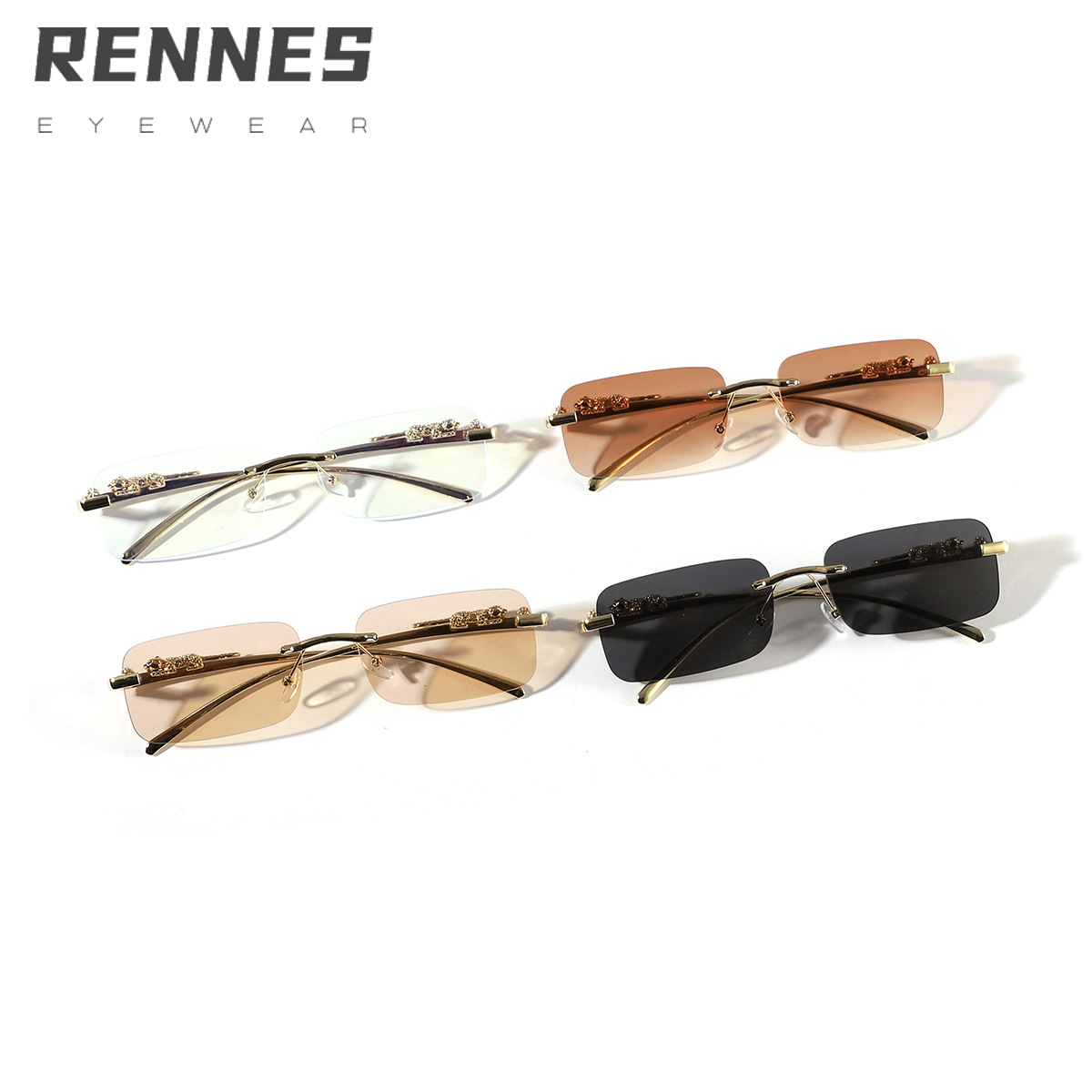 Moda europea y americana nuevas gafas de sol rectangulares sin marco Gafas de sol decorativas de leopardo de personalidad masculina Gafas de sol de tendencia transfronteriza