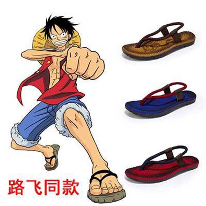 海贼王同款 路飞同款 夏季新款包邮 韩版潮男个性创意人字拖木纹