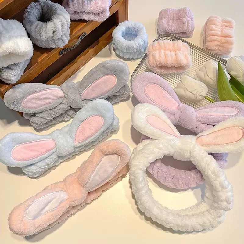 可爱毛绒兔子耳朵束发带发箍手腕带洗脸防湿袖神器三件套头箍发圈