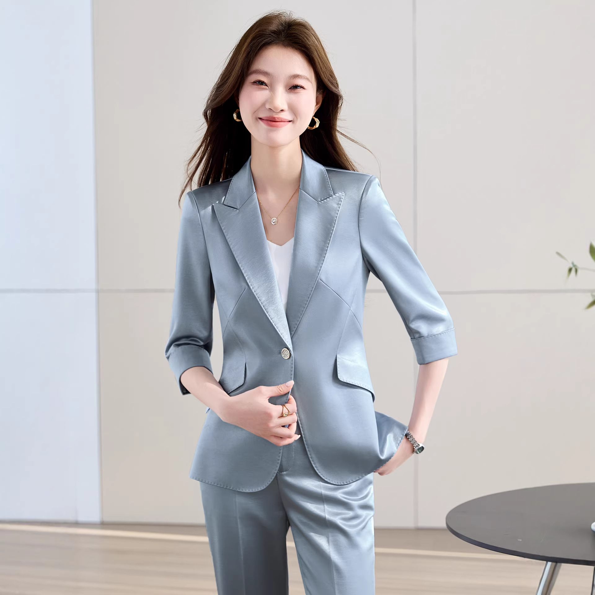 Women's 3/4 Sleeve Acetate Suit Set, Spring/Summer 2026 New Style, Slim Fit, Flattering Pink Professional Suit with Flared Pants