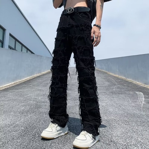 Cross-border new men's denim straight-leg pants, European and American street fashion, Instagram best-selling, elastic patch denim straight-leg pants