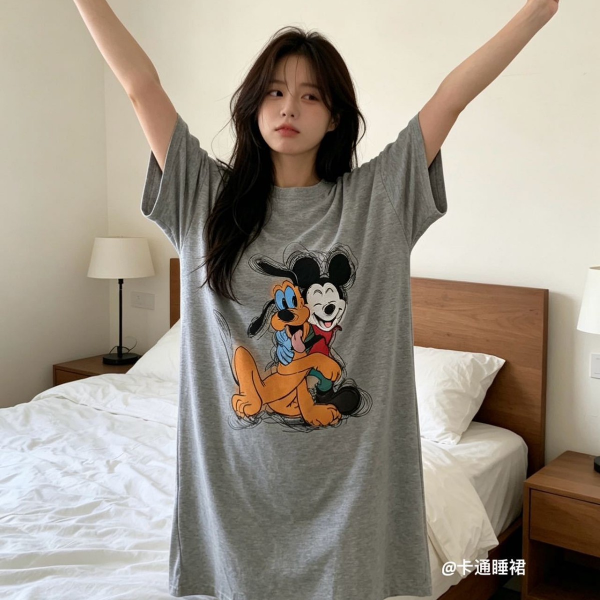 새로운 봄과 여름 만화 귀여운 기린 높은 탄성 모달 면 짧은 소매 나이트 드레스 홈 캐주얼 느슨한 외부 착용