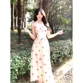 心愿裙纯欲风挂脖连衣裙印花收腰显瘦露背深V领长裙女大摆仙女裙