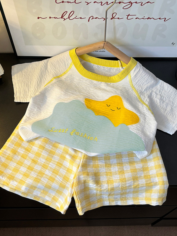 子供の夏のホーム服セット男の子カラーブロッククラウドコットンパジャマ女の赤ちゃん半袖ショーツ薄い空調服|undefined