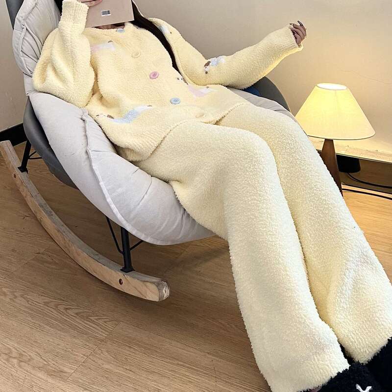 Stuffed Cute Puppy Print Knitted Half Velvet Pajamas for Women 2025 Autumn and Winter Large Size Fleece-Lined Warm Suit Stuffed Cute Puppy Print Knitted Half Velvet Pajamas for Women 2025 Autumn and Winter Large Size Fleece-Lined Warm Suit