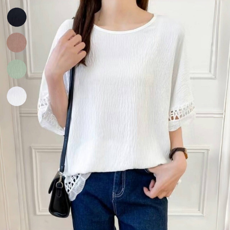 Good fabric 2024 hot selling new Japanese summer women's five-quarter sleeve batwing shirt hollow lace stitching top