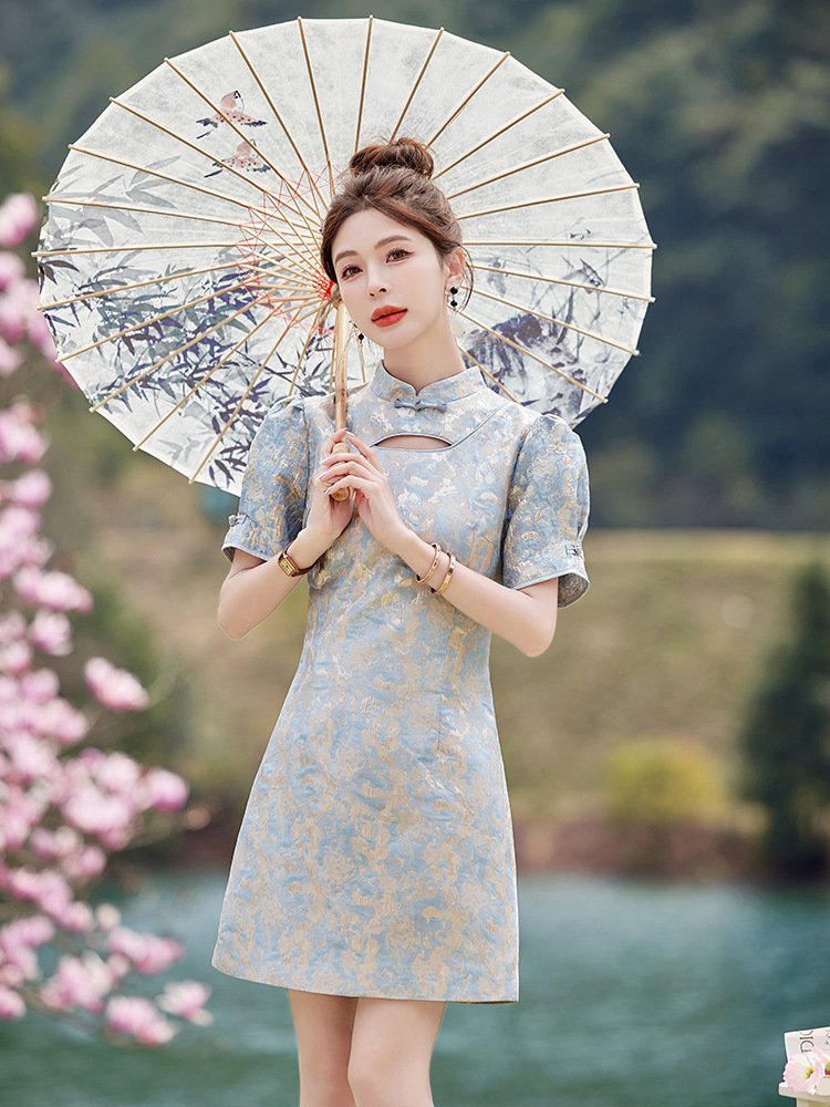 Váy maxi nữ phong cách Trung Quốc mới, cổ đứng cúc bọc, dáng dài vừa phải, thanh lịch thời trang — Màu xanh lam, Màu hồng