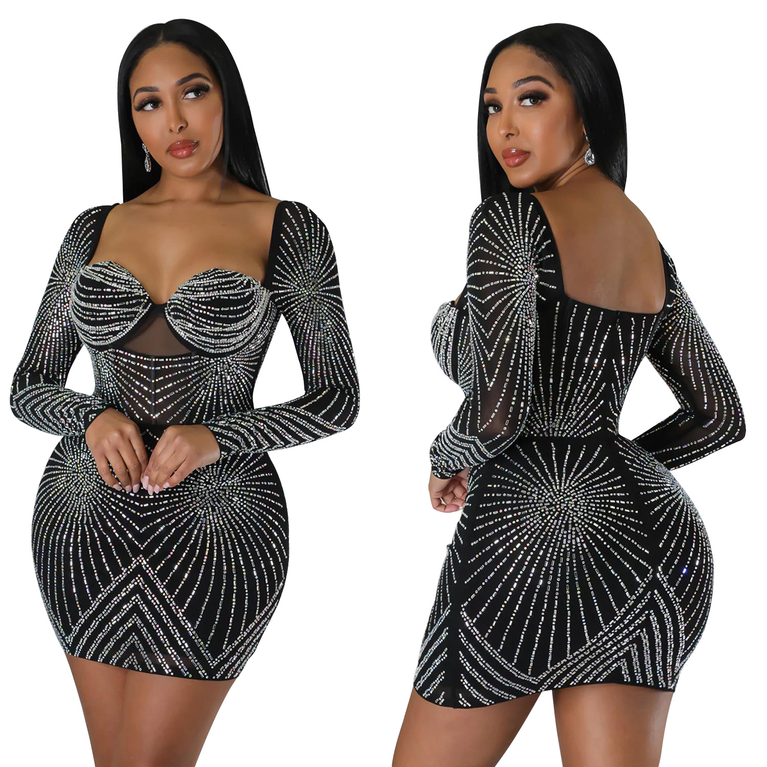 Women's Party Dress Elegant V Neck Diamond Long Sleeve Solid Color Above Knee Daily display picture 17