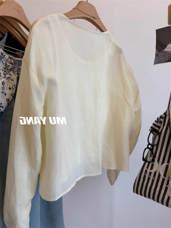 ブルーのラウンドネックラミーコットンとリネンの日焼け止めシャツジャケット女性用夏薄いハイエンドショートブラウストップ|undefined