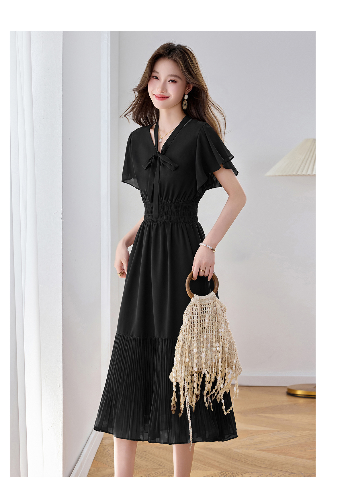 Đầm maxi nữ họa tiết hoa nhí thắt eo dáng chữ A dài quá gối — màu đen, màu hồng chi tiết 21