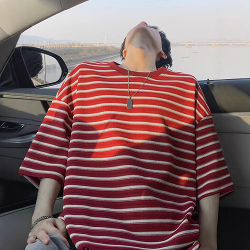 American Striped Short-Sleeve T-Shirt for Men - Summer Trend Brand, Retro Round Neck Clothing - Loose Youth Pure Cotton Half-Sleeve