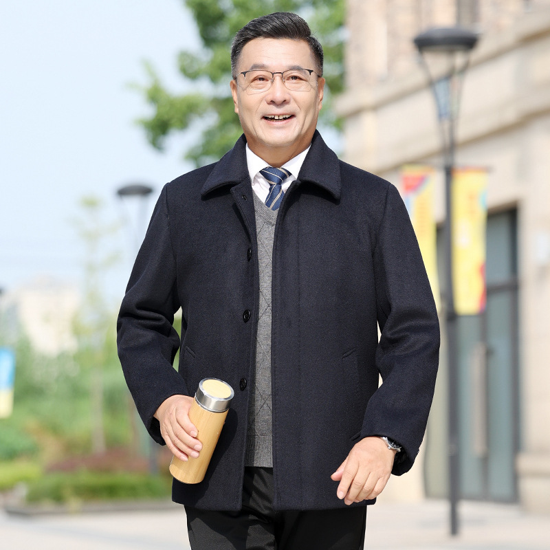 남자의 짧은 모직 코트 중년 봄과 겨울 재킷 남자의 간단한 단색 따뜻한 느슨한 재킷