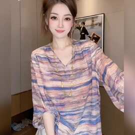 复古V领印花小衫女2025夏季新款时尚雪纺衬衣宽松遮肚上衣图片色