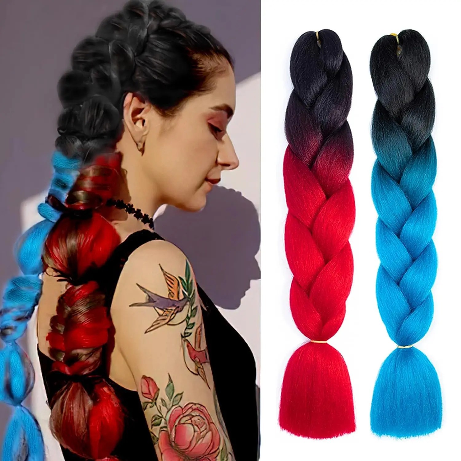 Große geflochtene Perücke aus Chemiefaser, matt, Hochtemperatur-Seidenperücke, Farbe: Farbverlauf, schmutziger Zopf, große, dicke Zopfperücke aus Chemiefaser_voghion.com