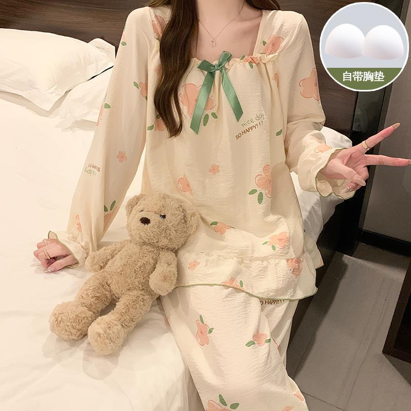 春と秋の女性用パジャマ、胸パッド付き長袖ズボン、膨らみ防止スーツ、冬と夏の女性のかわいい漫画のホーム服|undefined