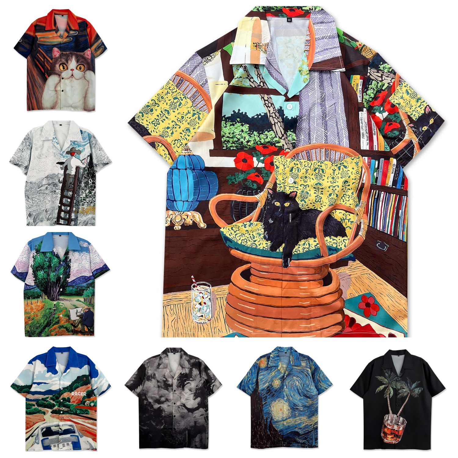 Cross-border Trendy Brand High-end Hong Kong Style Short-sleeved Shirt Men's Personalized Creative Cartoon Casual Loose Beach Flower Shirt Women's