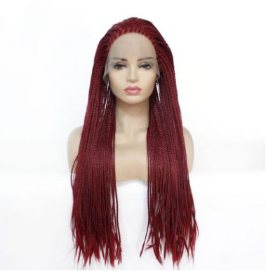 Peluca de encaje frontal de fibra química, trenza de tres hebras de color burdeos para damas europeas y americanas