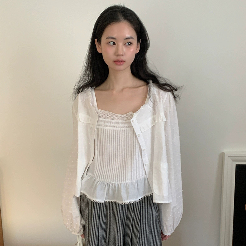 No Returns or Exchanges. 2025 Summer New Korean Dongdaemun Three-Dimensional Small Dot Lace Long-Sleeve Shirt Top for Layering