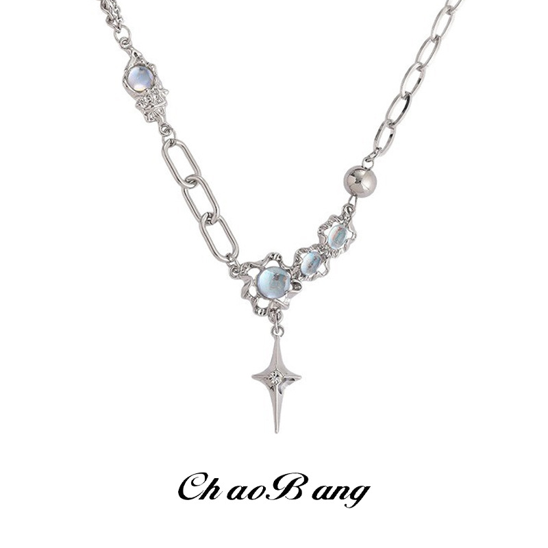 Moonstone Starburst Splicing Necklace Men's Trendy Fashion High-End Versatile Niche Design Cool Style Jewelry Women