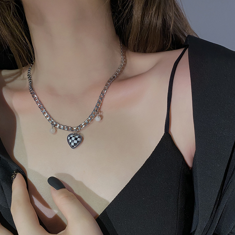 Black and white plaid love necklace fema...