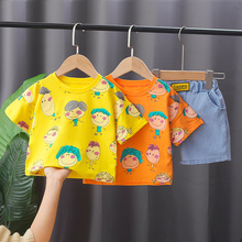 外貿直銷2021夏季新款韓版圓領T恤牛仔短褲套裝1~5歲男女童裝批發