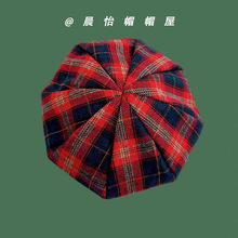 韩版新年礼物红色格子棉质贝雷帽女秋冬季新款英伦毛呢画家帽子女