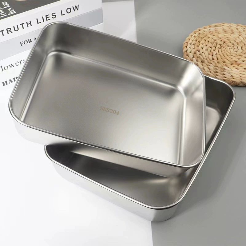 Stainless steel rectangular food storage box, 13.5×10.5×5.5 cm & 26×20×5.5 cm, 201 or 304, plastic or steel lid