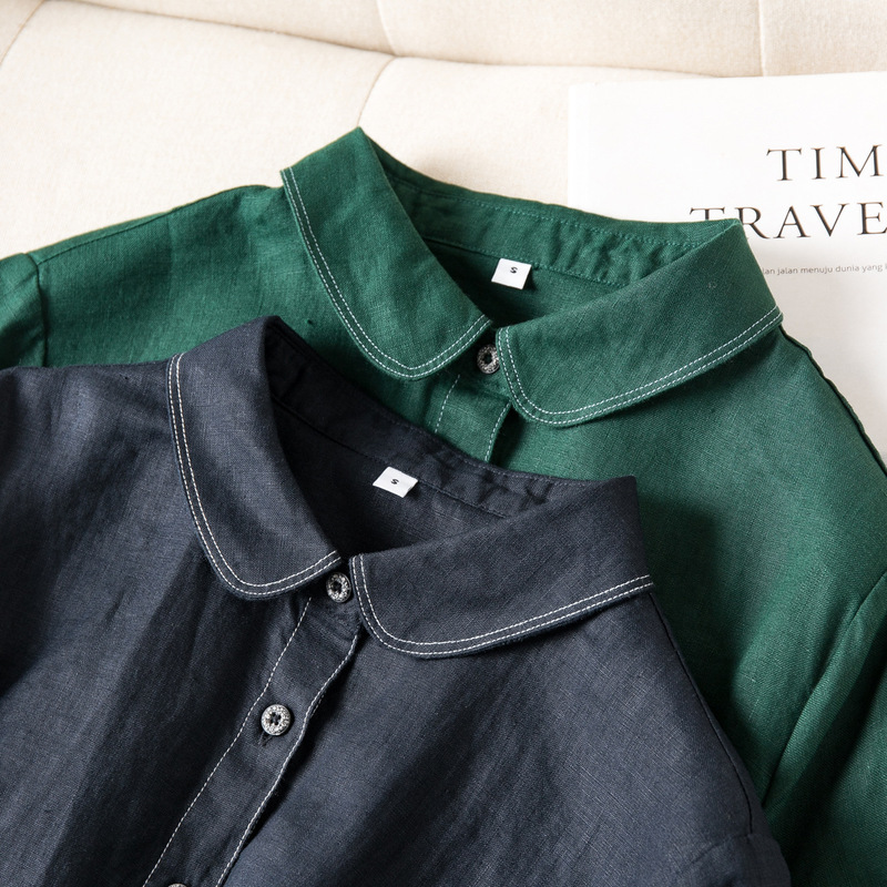 Foreign trade Japanese style full linen bright line ingot collar lace-up waist cotton and linen designer short sleeve dress summer