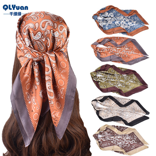 Qianlu new twill silk 70*70 square scarf printed black edge cashew scarf wholesale European and American style supply