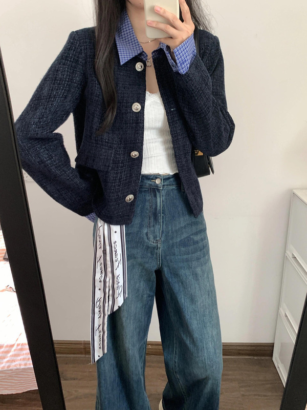 2025秋冬新款小香风时尚藏青色粗花呢正肩拼接外套女显瘦短款开衫|undefined