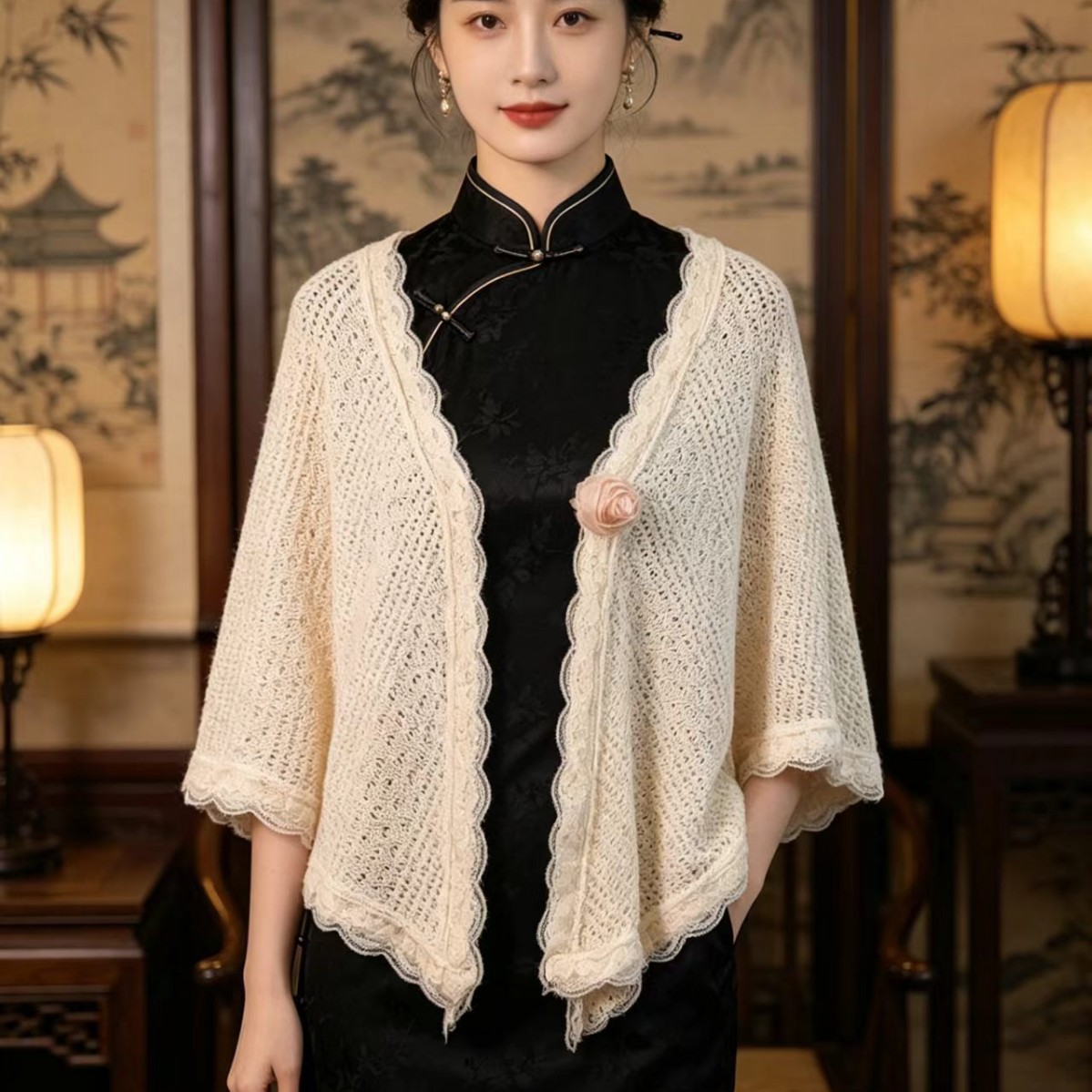 New Chinese-style cheongsam shawl, knitted outerwear with hollow-out artistic design
