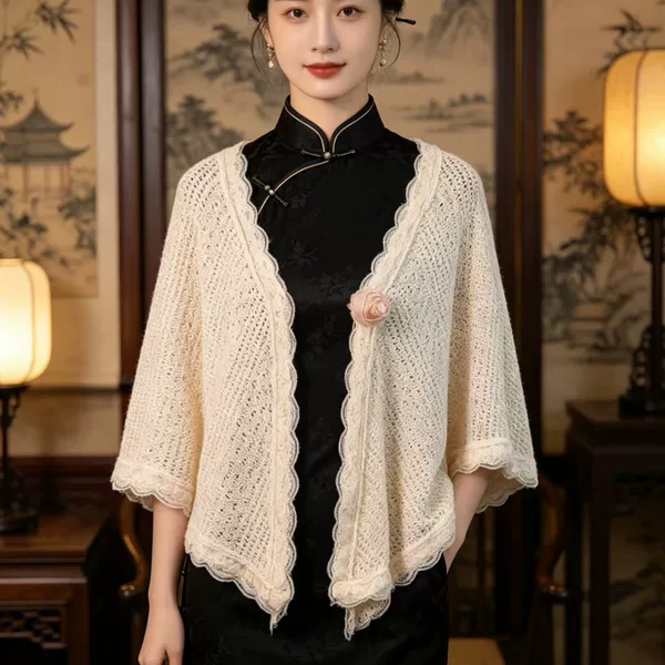 New Chinese-style cheongsam shawl, knitted outerwear with hollow-out artistic design