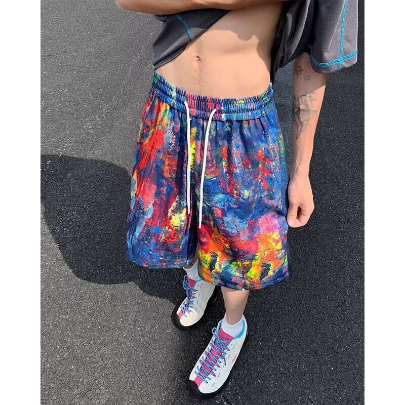 Oil Painting Rainbow Graffiti Ice Silk Shorts Men's Summer Handsome Hip-Hop Quick-Drying Beach Pants American Sports Pants