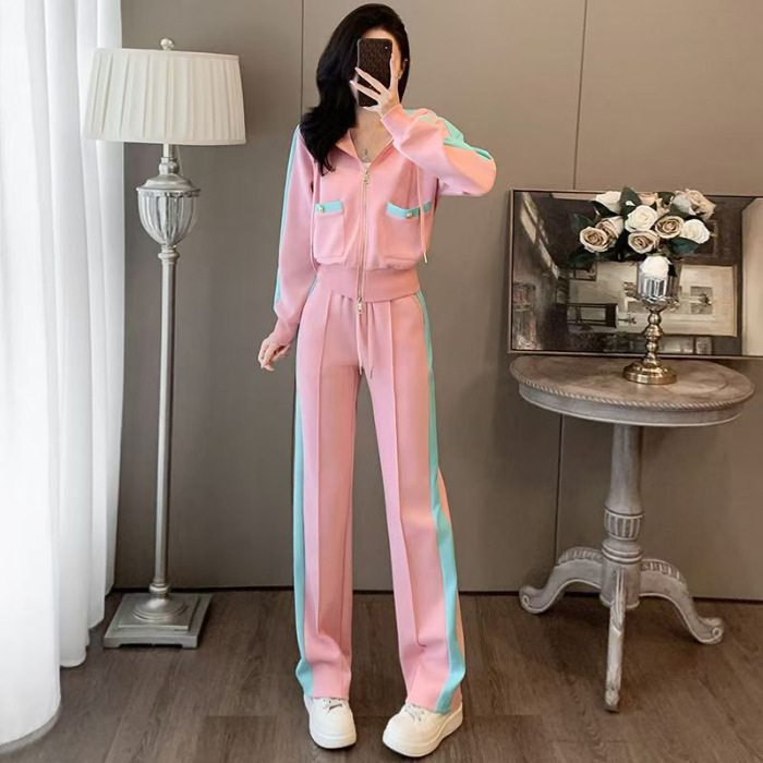 秋季休闲运动套装女2025新款洋气粉色减龄连帽撞色直筒裤两件套潮|undefined