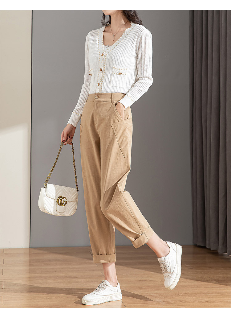 Quần chuối nữ ống rộng dáng thon gọn, cạp cao, chất cotton giặt thường, phong cách cổ điển — Màu Kaki chi tiết 13