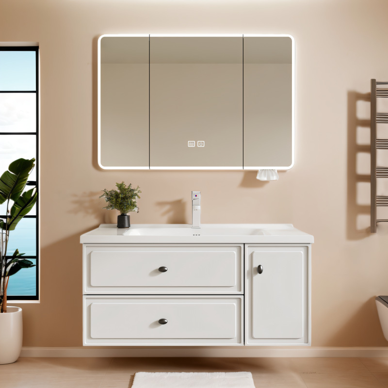 Nuevo armario de espejo de baño de abeja de arco de acero inoxidable colgado de pared espejo inteligente con almacenamiento de lámpara en un lavabo